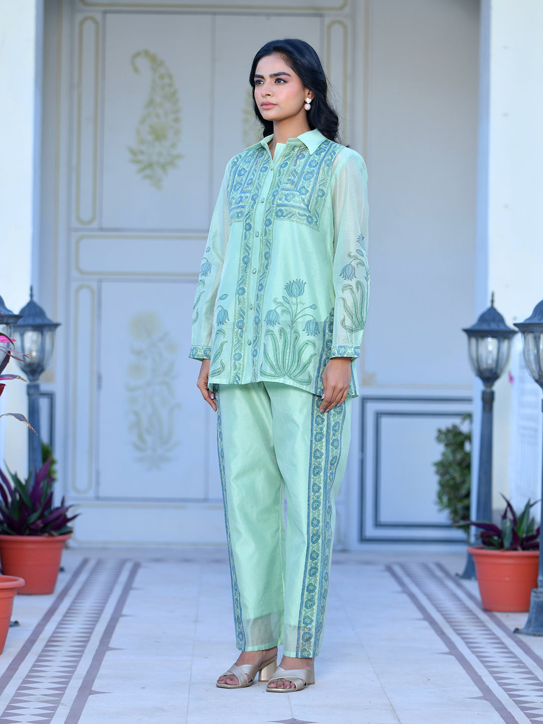 Women Marine Chanderi Block Printed Cord Set