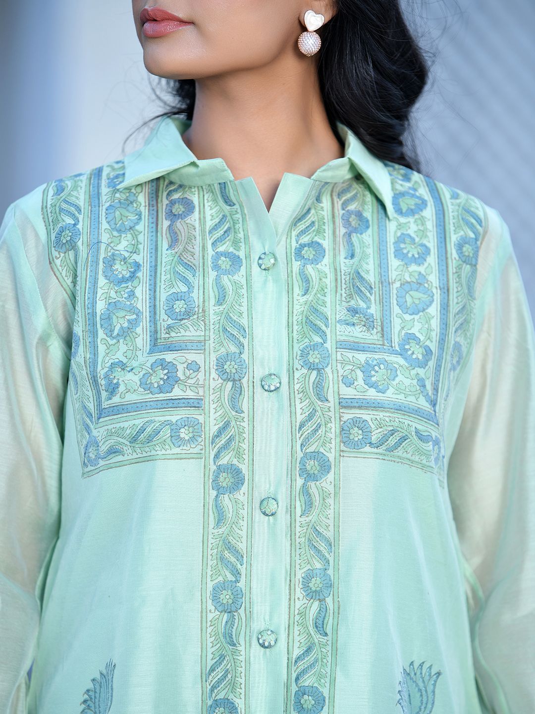 Women Marine Chanderi Block Printed Cord Set