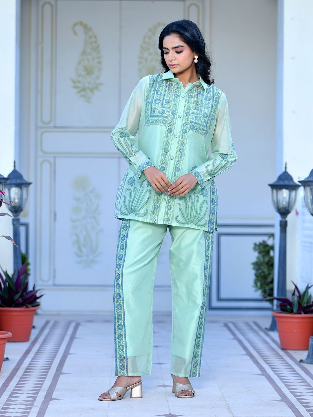 Women Marine Chanderi Block Printed Cord Set