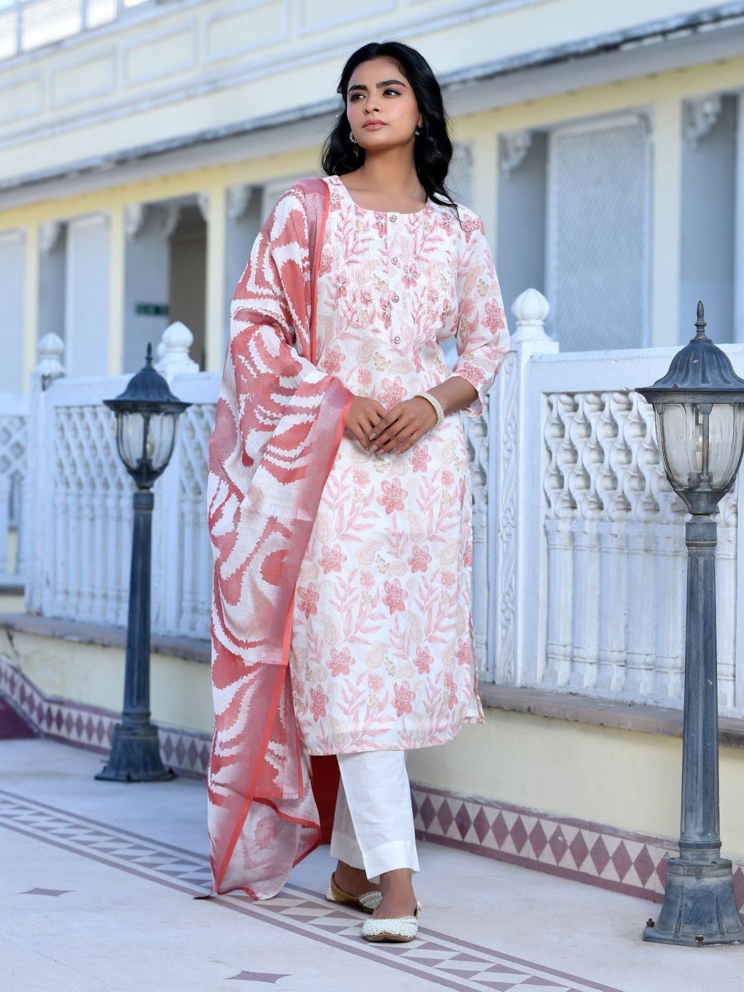 Women Cream Linen Digital Printed Suit Set