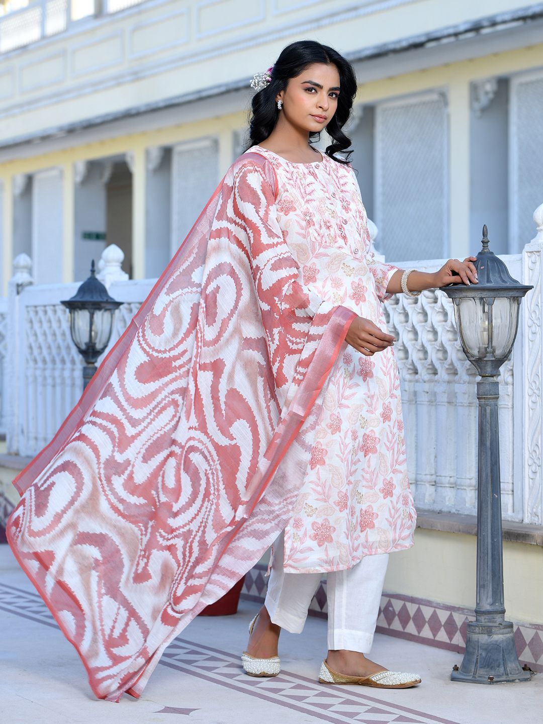 Women Cream Linen Digital Printed Suit Set