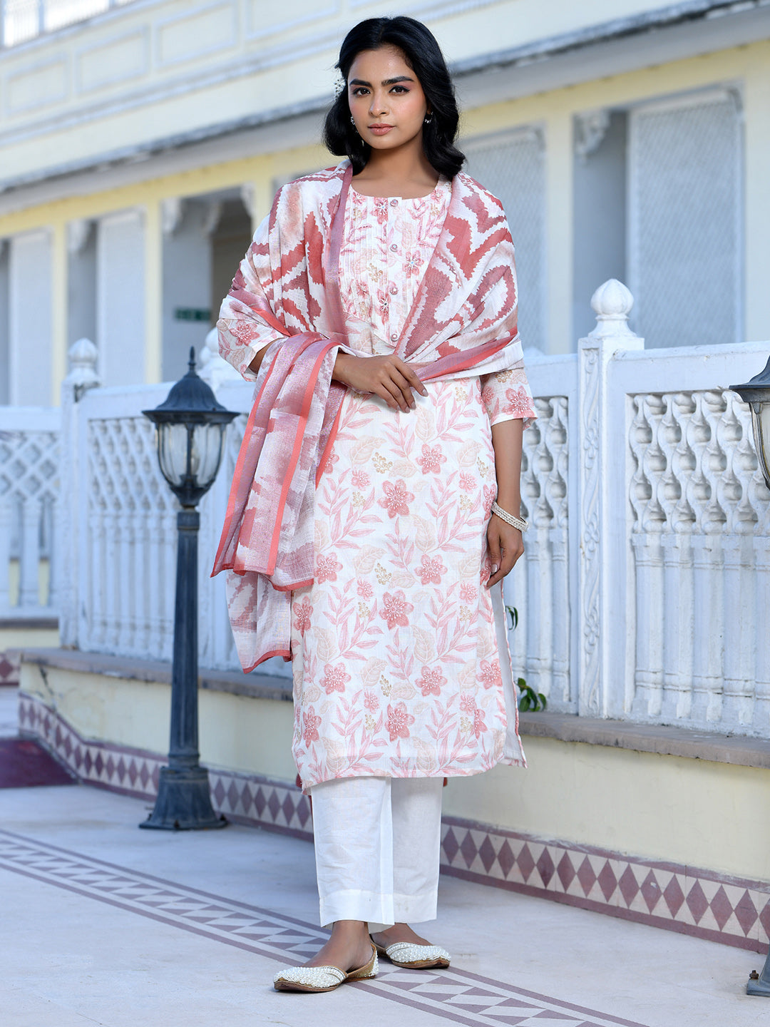 Women Cream Linen Digital Printed Suit Set