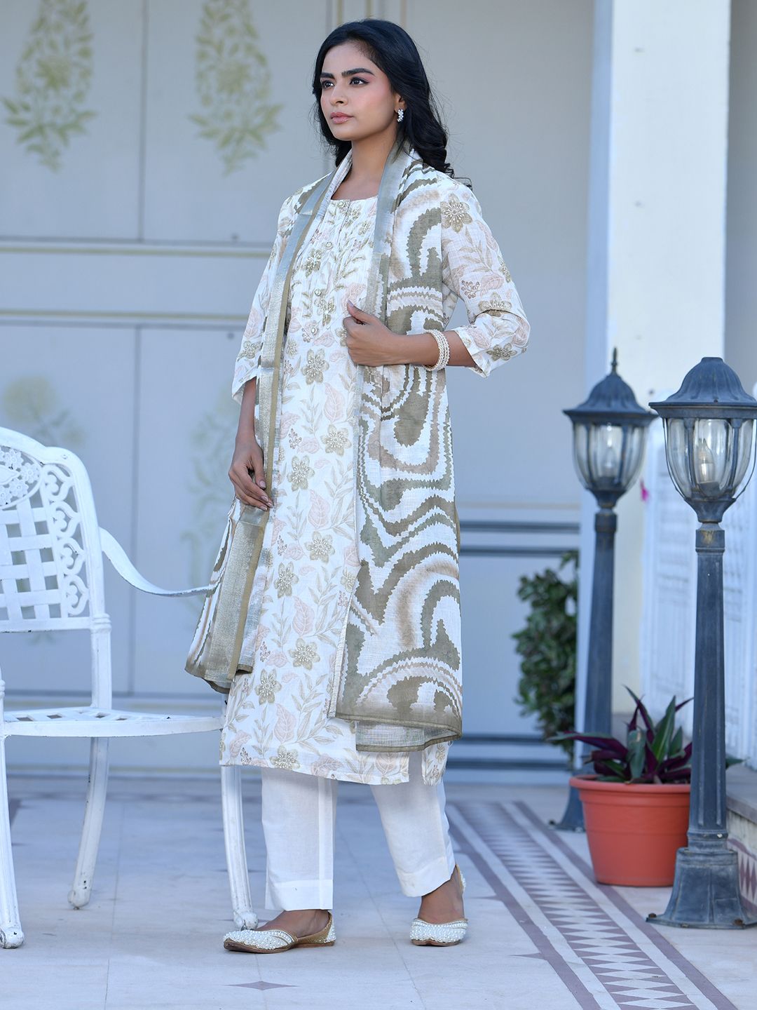 Women Cream Linen Digital Printed Suit Set