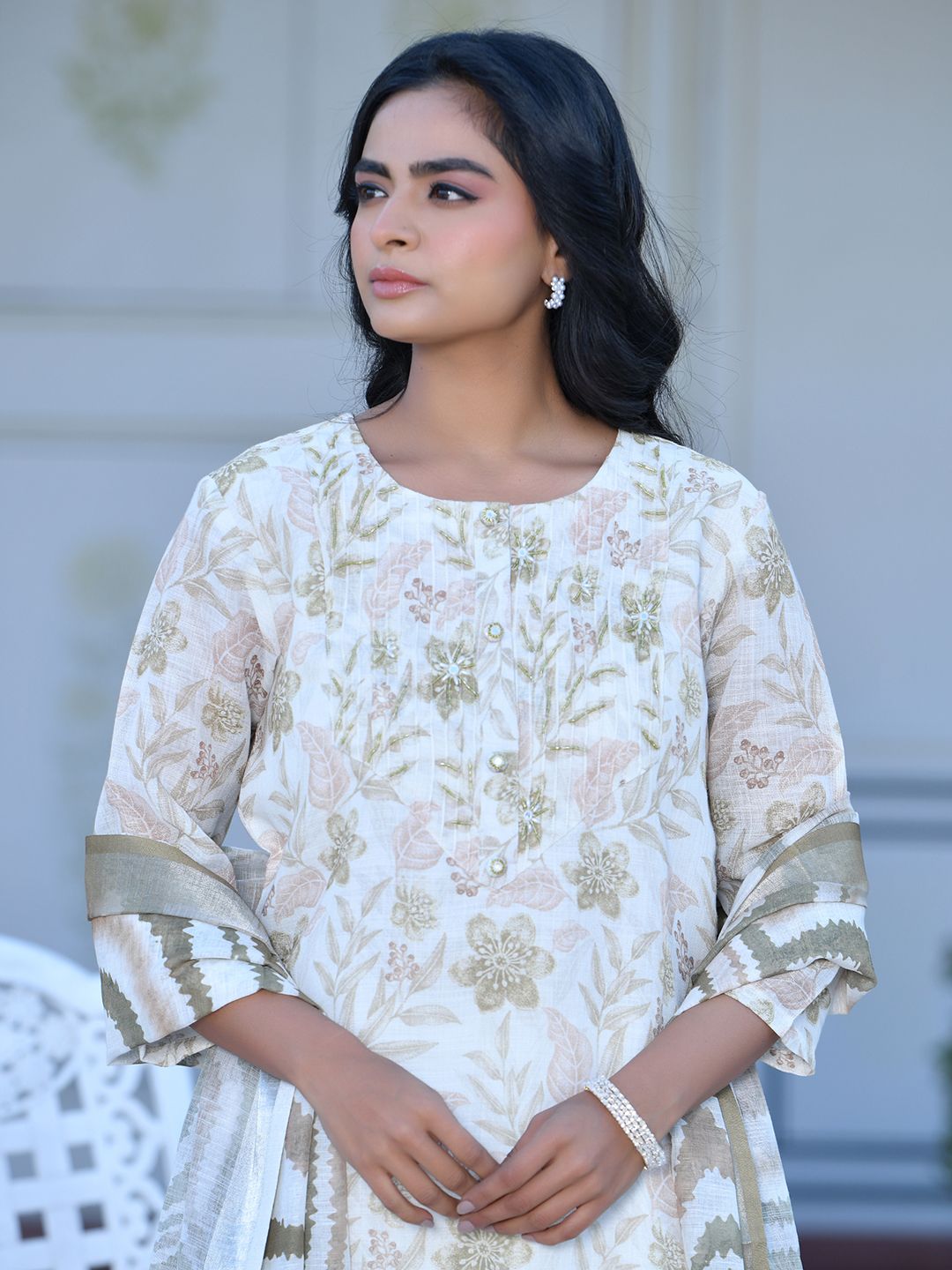 Women Cream Linen Digital Printed Suit Set