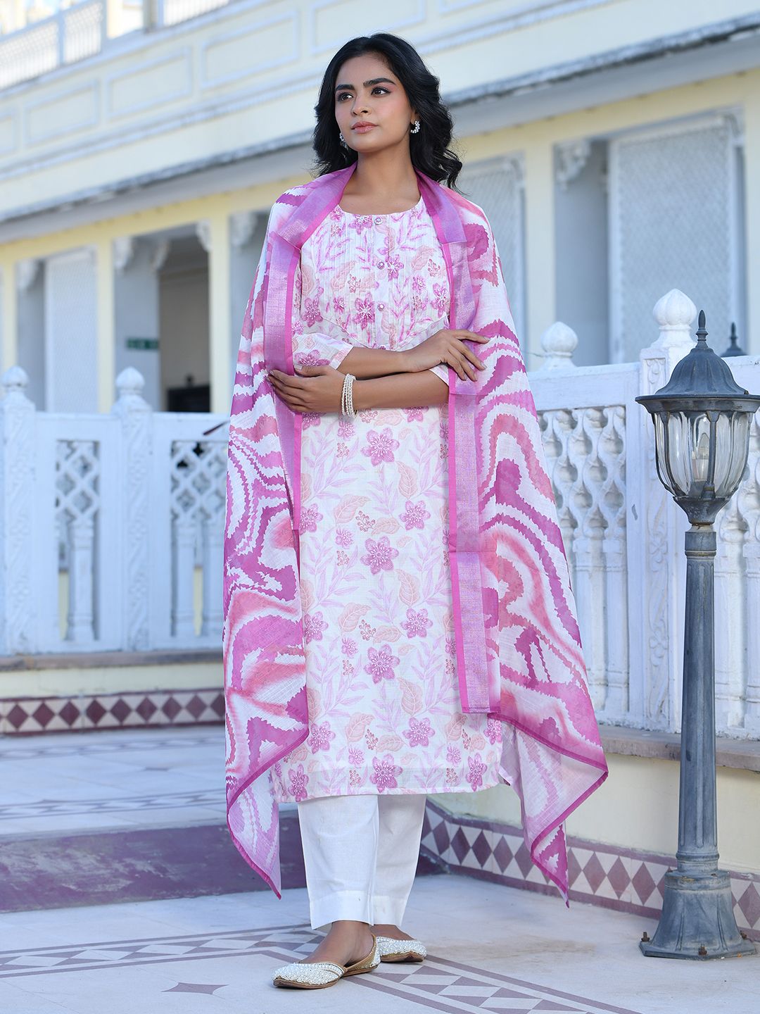 Women Cream Linen Digital Printed Suit Set