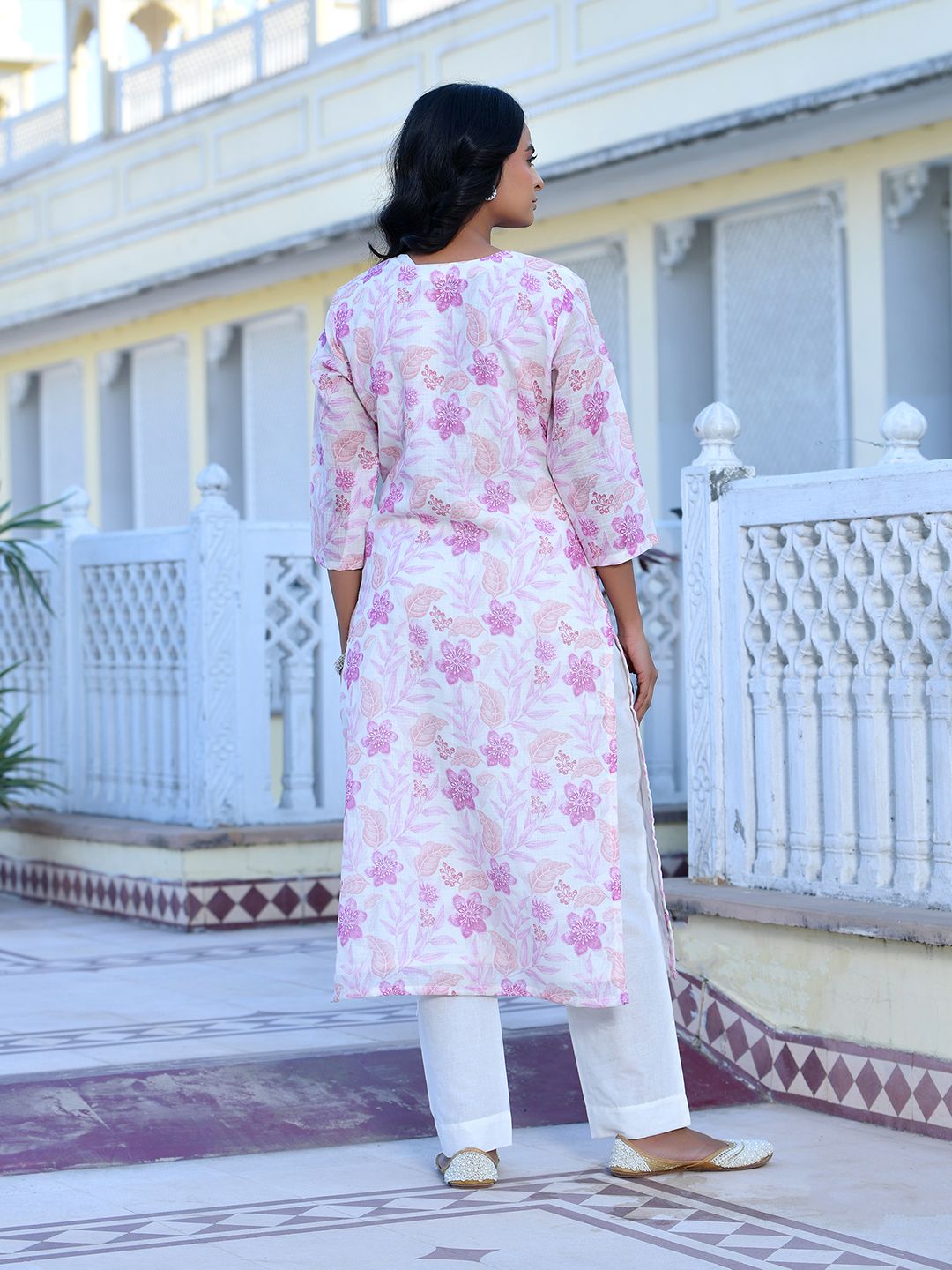 Women Cream Linen Digital Printed Suit Set