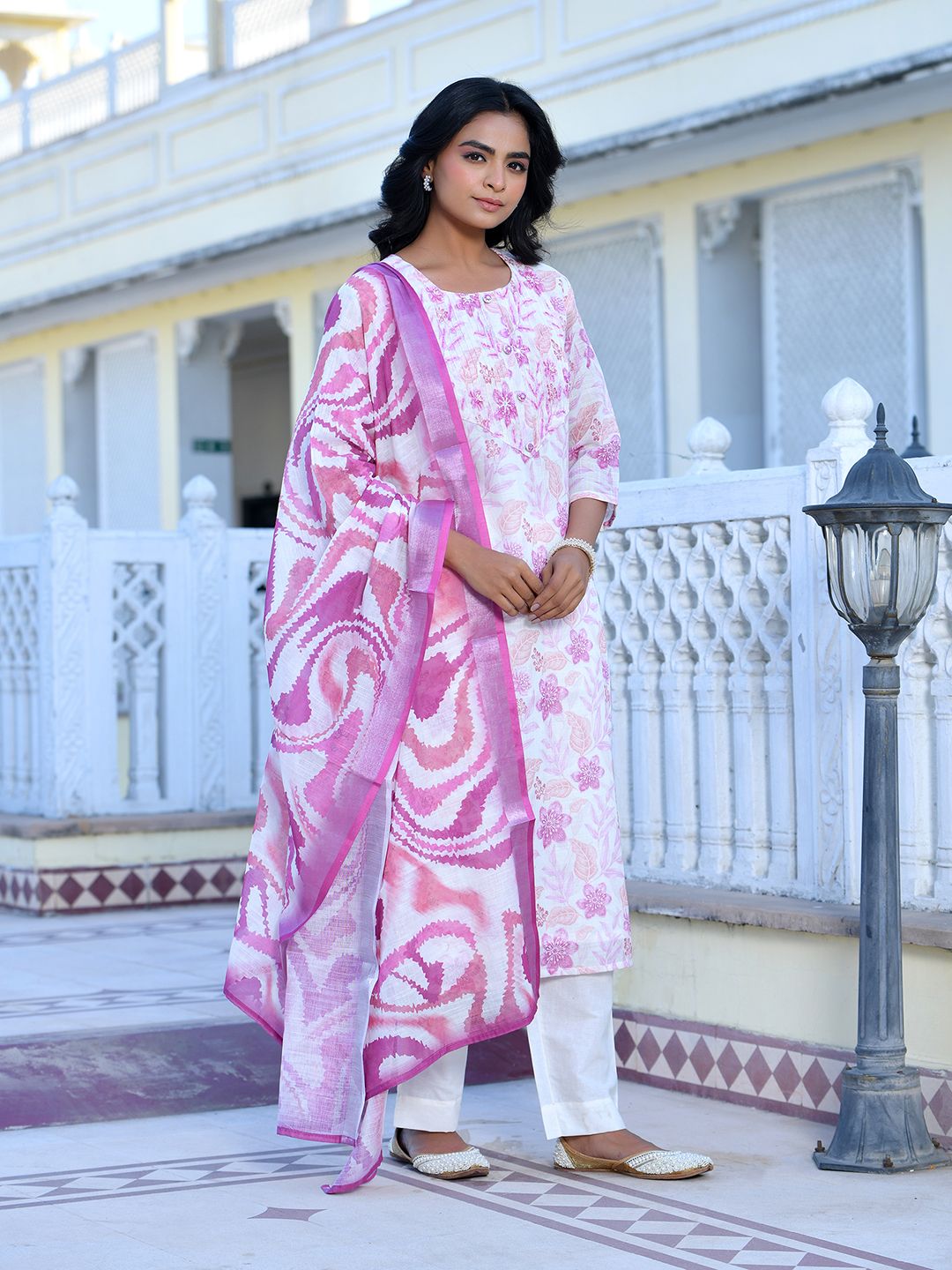 Women Cream Linen Digital Printed Suit Set