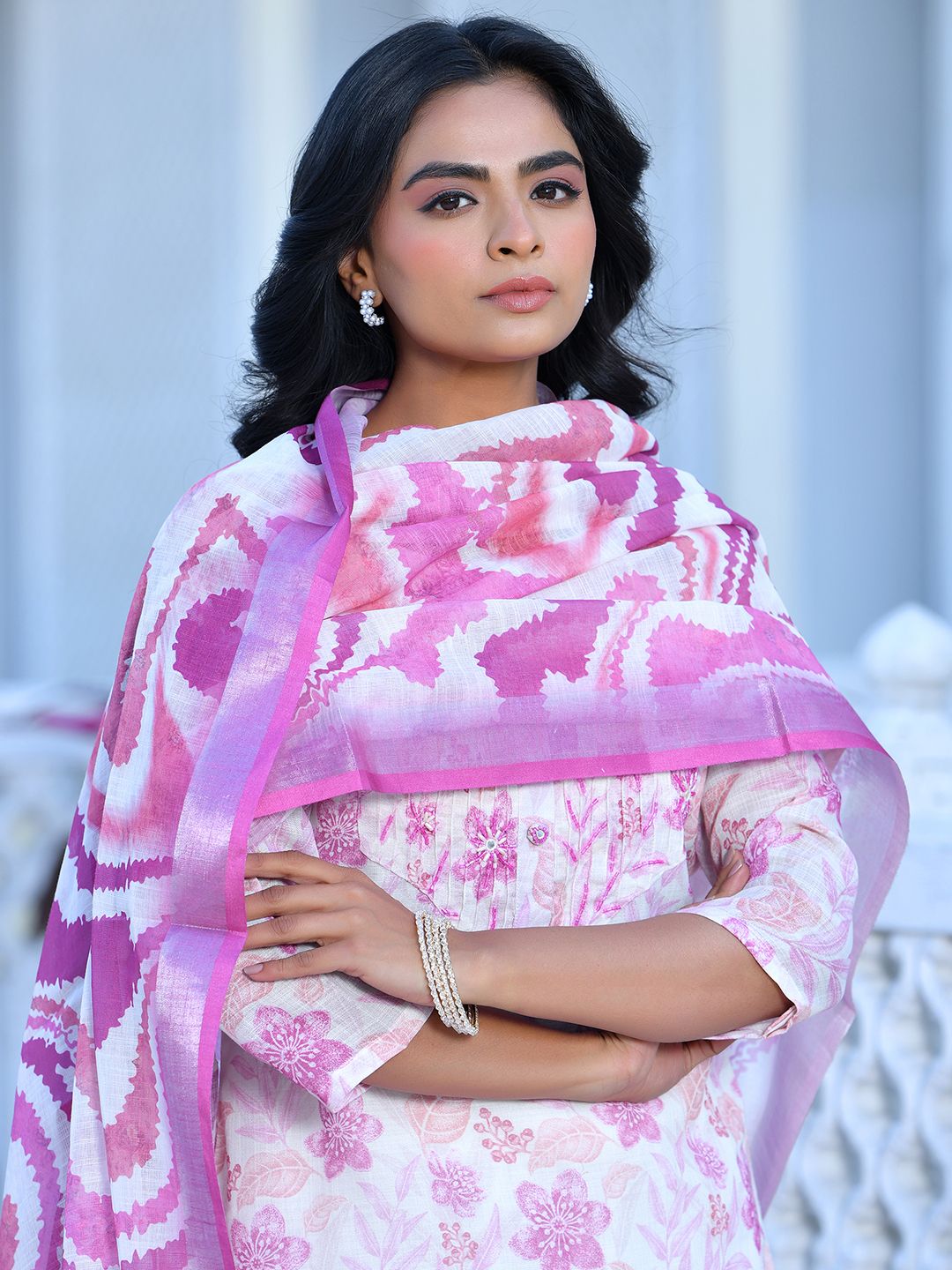 Women Cream Linen Digital Printed Suit Set