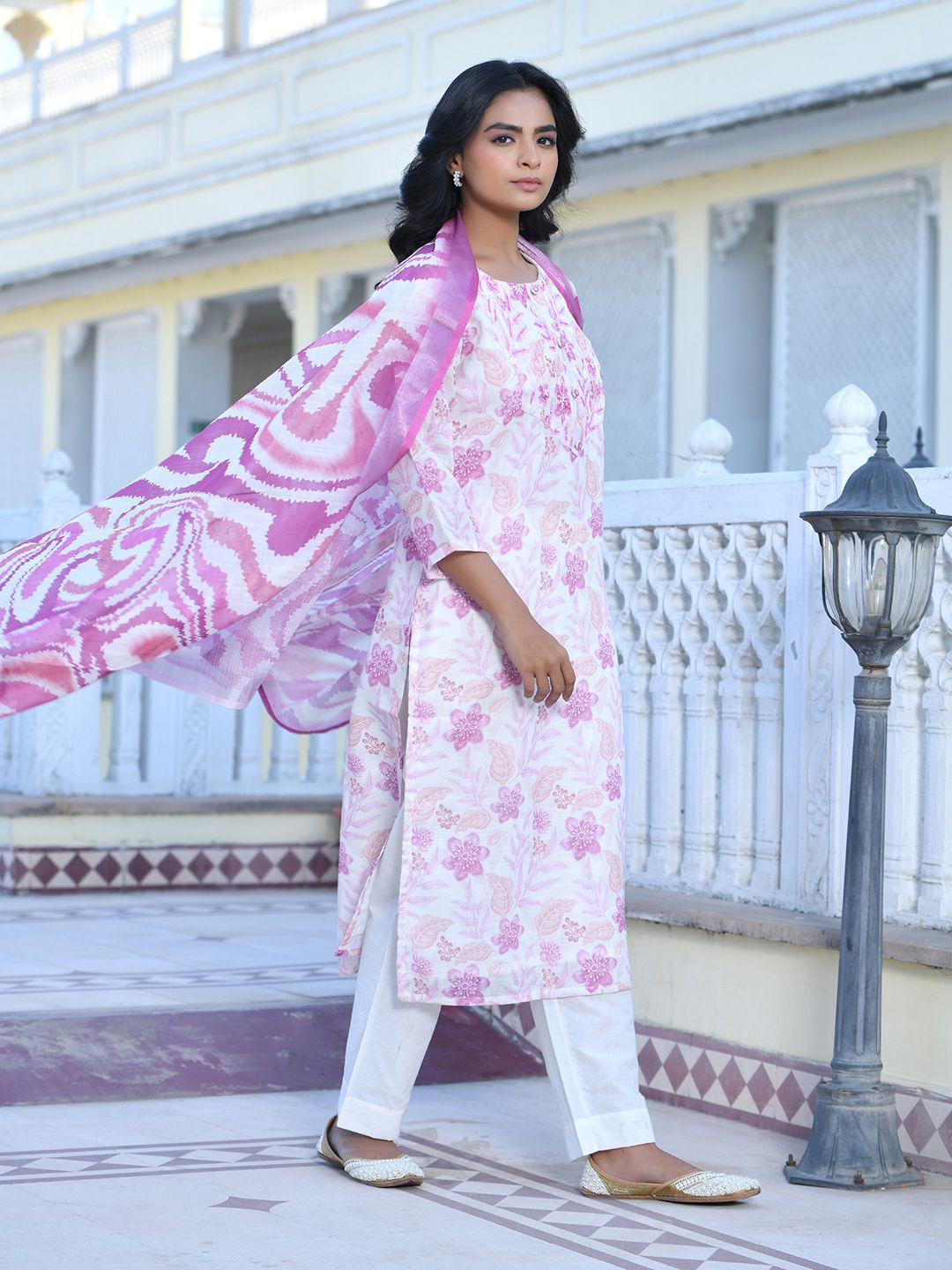 Women Cream Linen Digital Printed Suit Set