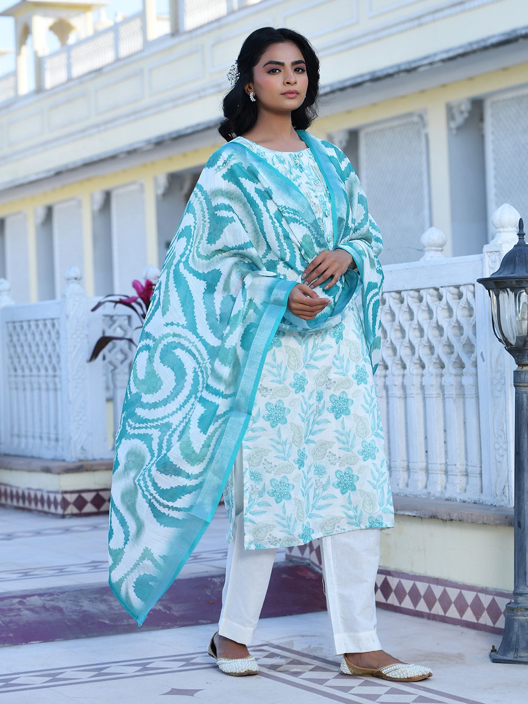 Women Cream Linen Digital Printed Suit Set