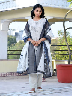 Women Grey Monotone Organza Digital Printed Suit Set