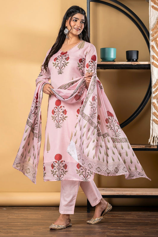 Poppy Whispers Kurta Set With Dupatta - Pink