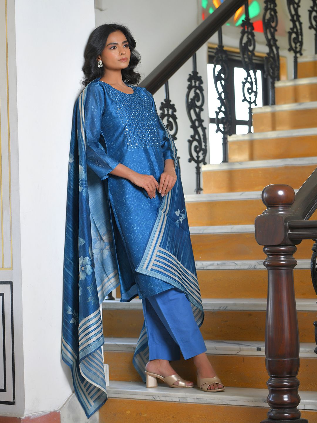 Women Indigo Muslin Digital Printed Suit Set