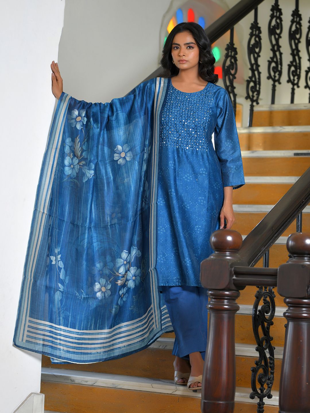 Women Indigo Muslin Digital Printed Suit Set