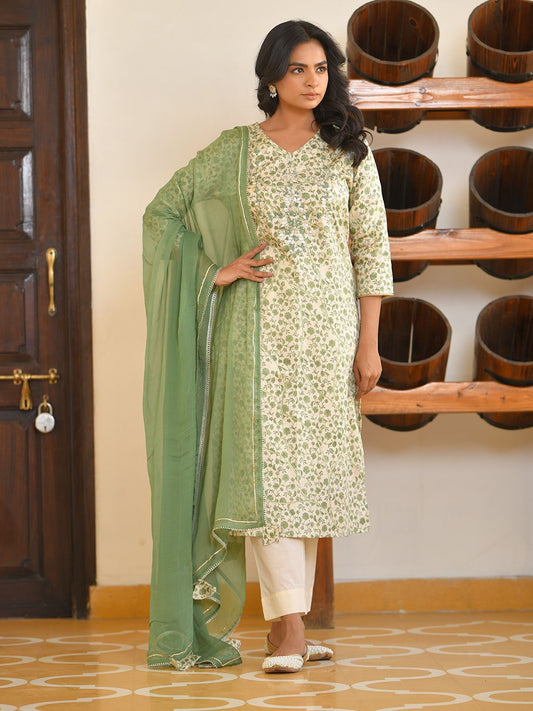 Women Cream Cotton Foil PrintedEmbroidered Suit Set