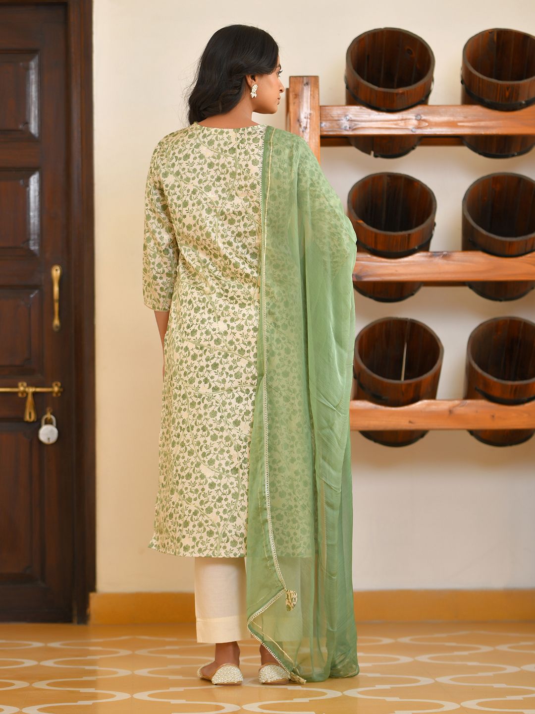 Women Cream Cotton Foil PrintedEmbroidered Suit Set