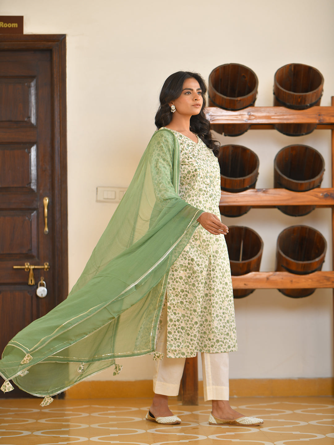 Women Cream Cotton Foil PrintedEmbroidered Suit Set