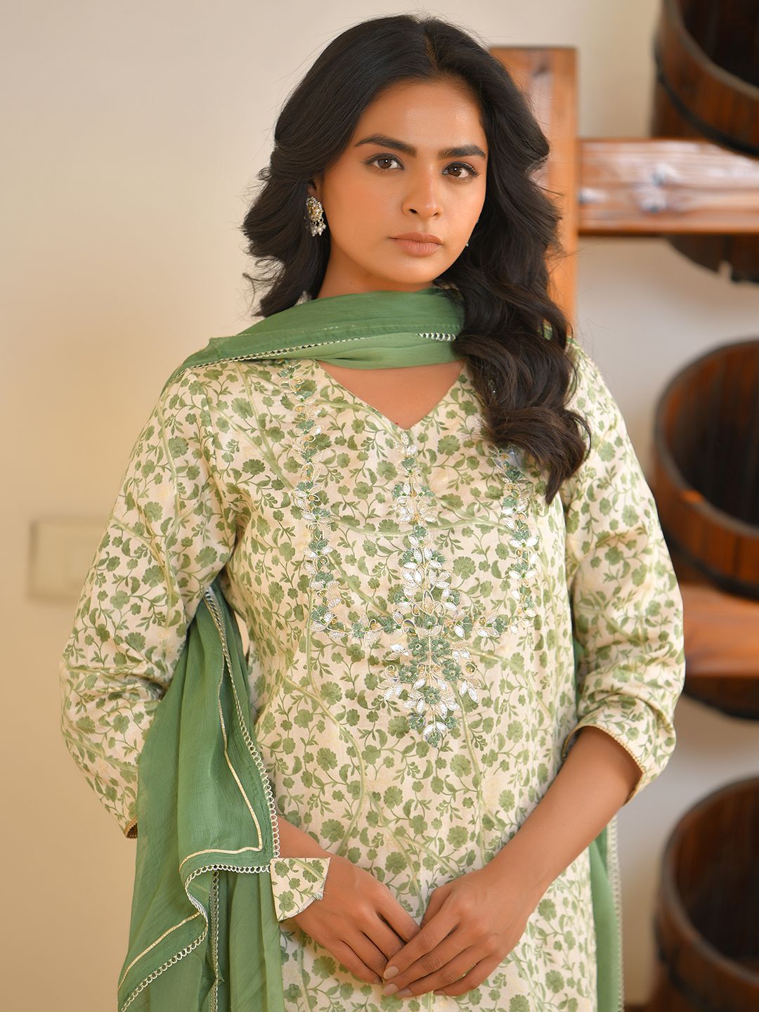 Women Cream Cotton Foil PrintedEmbroidered Suit Set