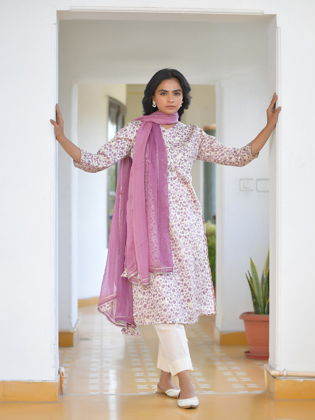 Women Cream Cotton Foil PrintedEmbroidered Suit Set