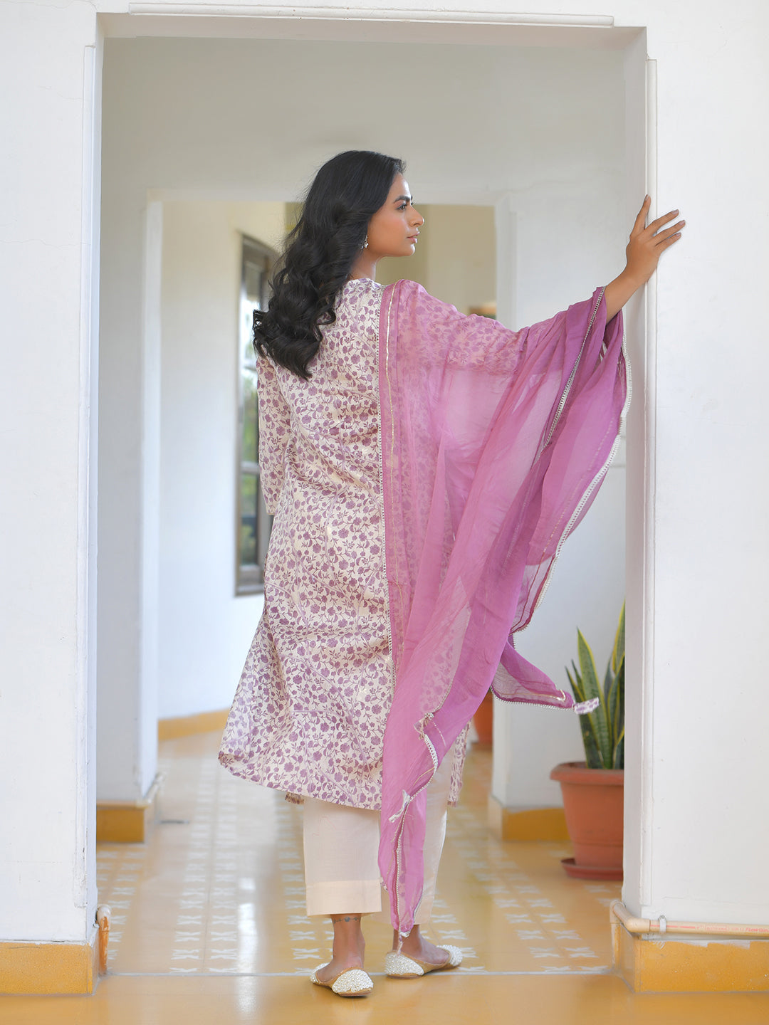 Women Cream Cotton Foil PrintedEmbroidered Suit Set