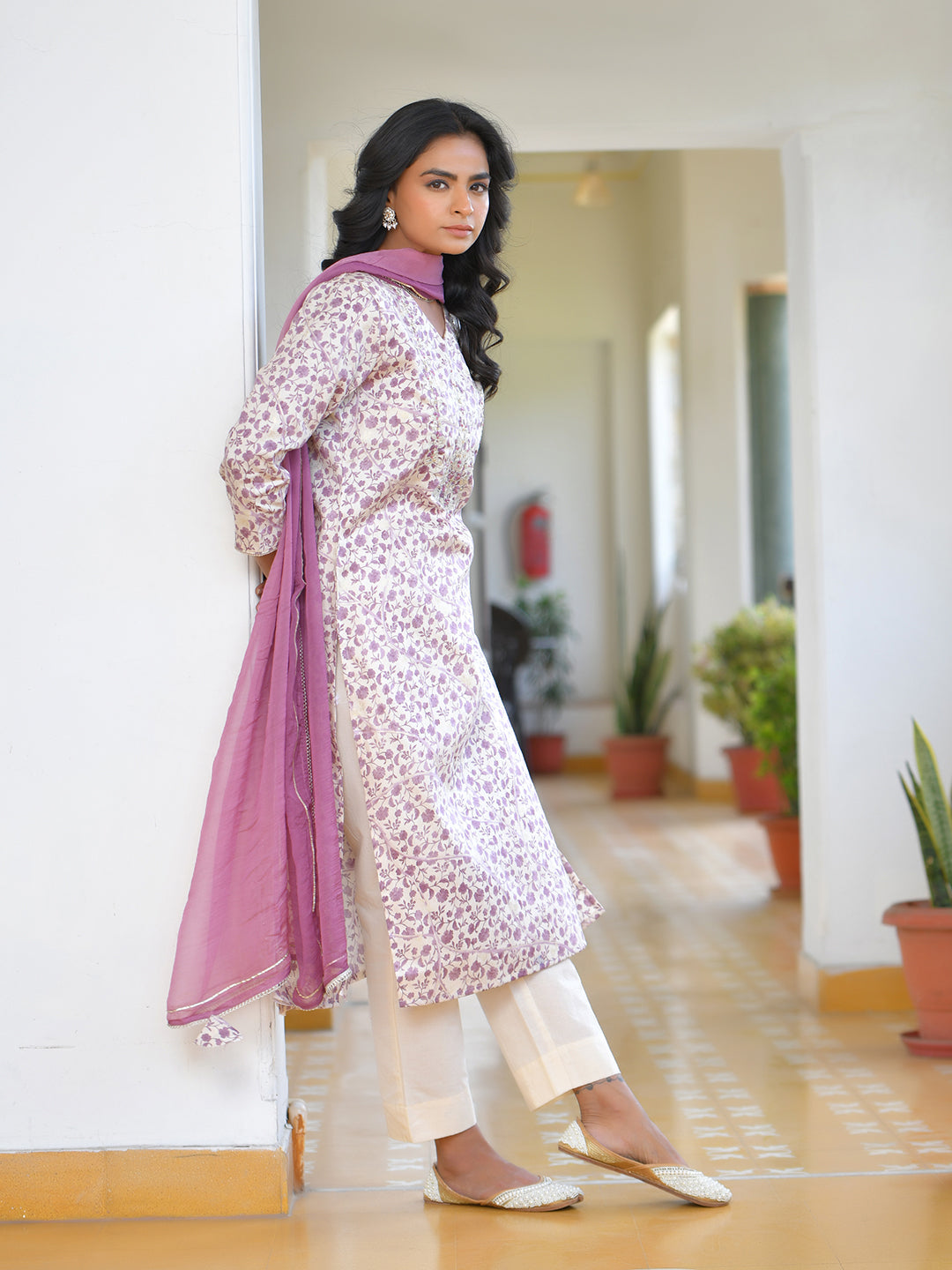 Women Cream Cotton Foil PrintedEmbroidered Suit Set