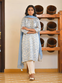 Women Classic Cream Cotton Foil PrintedEmbroidered Suit Set