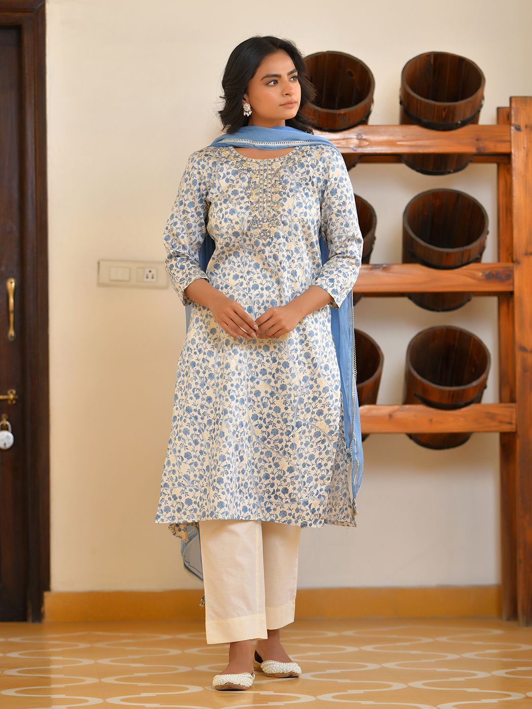 Women Classic Cream Cotton Foil PrintedEmbroidered Suit Set