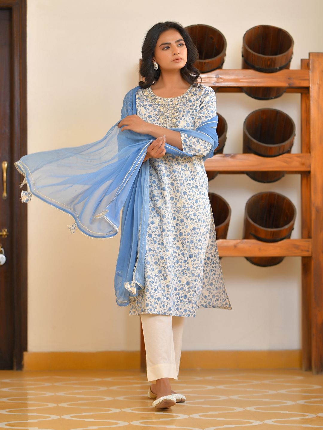 Women Classic Cream Cotton Foil PrintedEmbroidered Suit Set