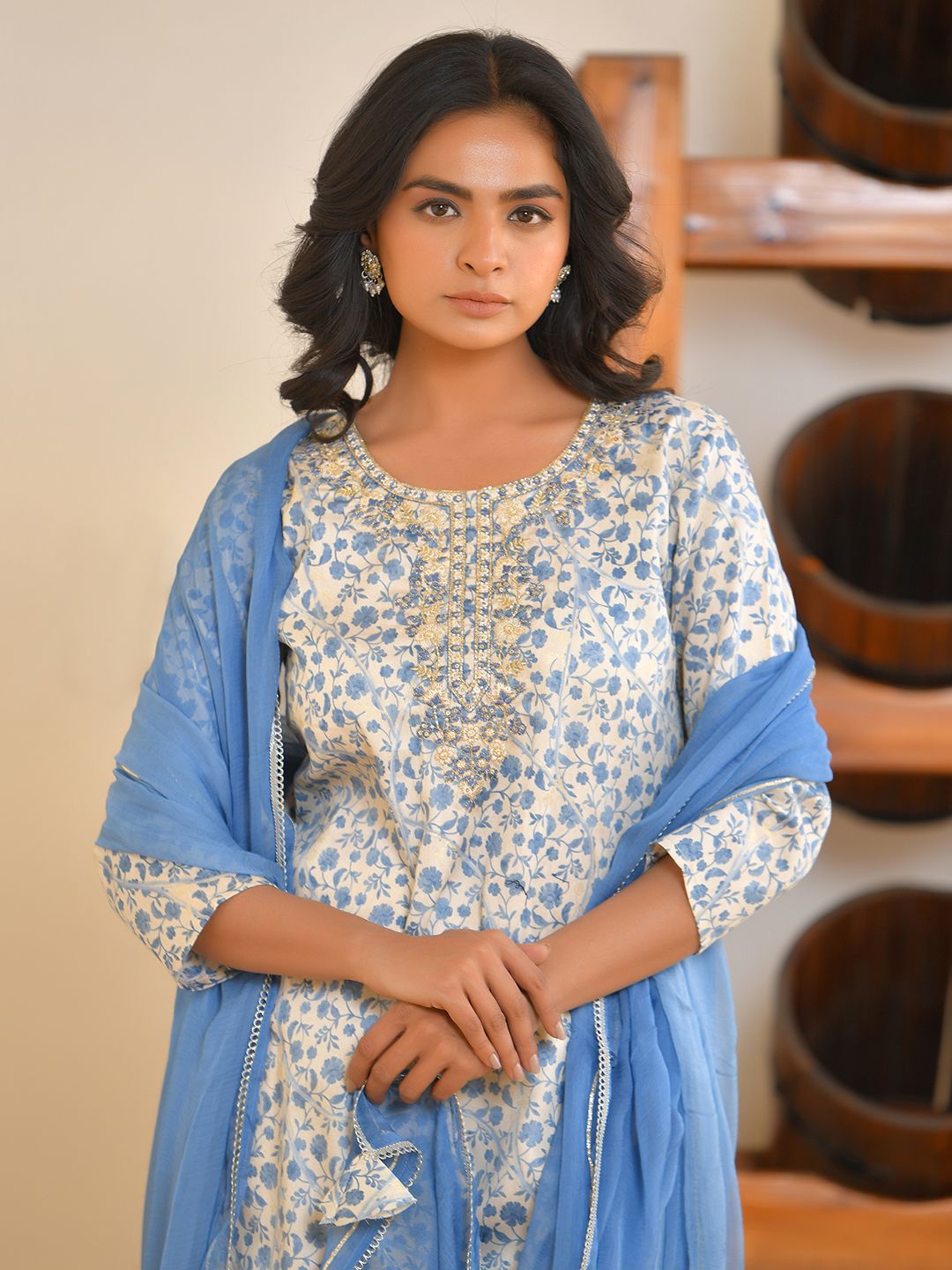 Women Classic Cream Cotton Foil PrintedEmbroidered Suit Set