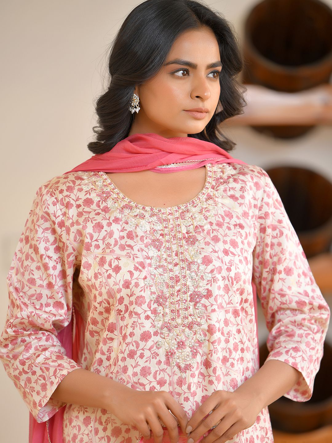 Women Classic Cream Cotton Foil PrintedEmbroidered Suit Set