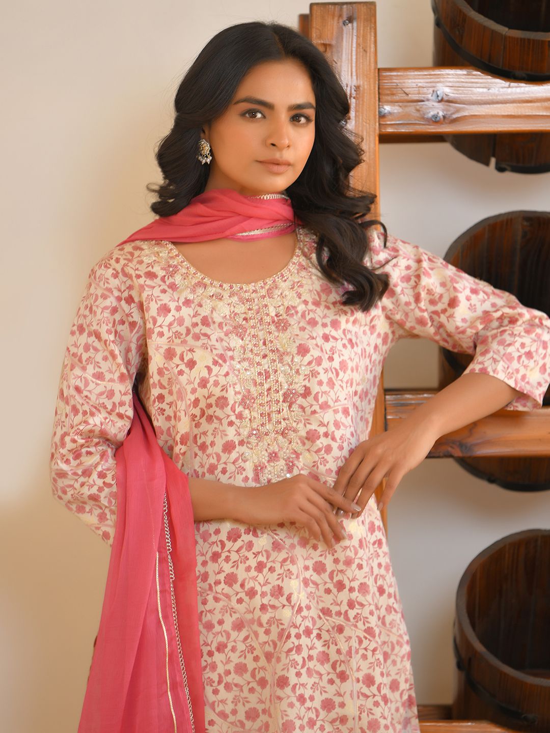 Women Classic Cream Cotton Foil PrintedEmbroidered Suit Set