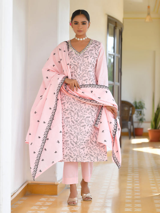 Women Cotton Solid Embroidered Suit Set