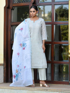 Women Grey Linen Suit  Set with cutwork dupatta