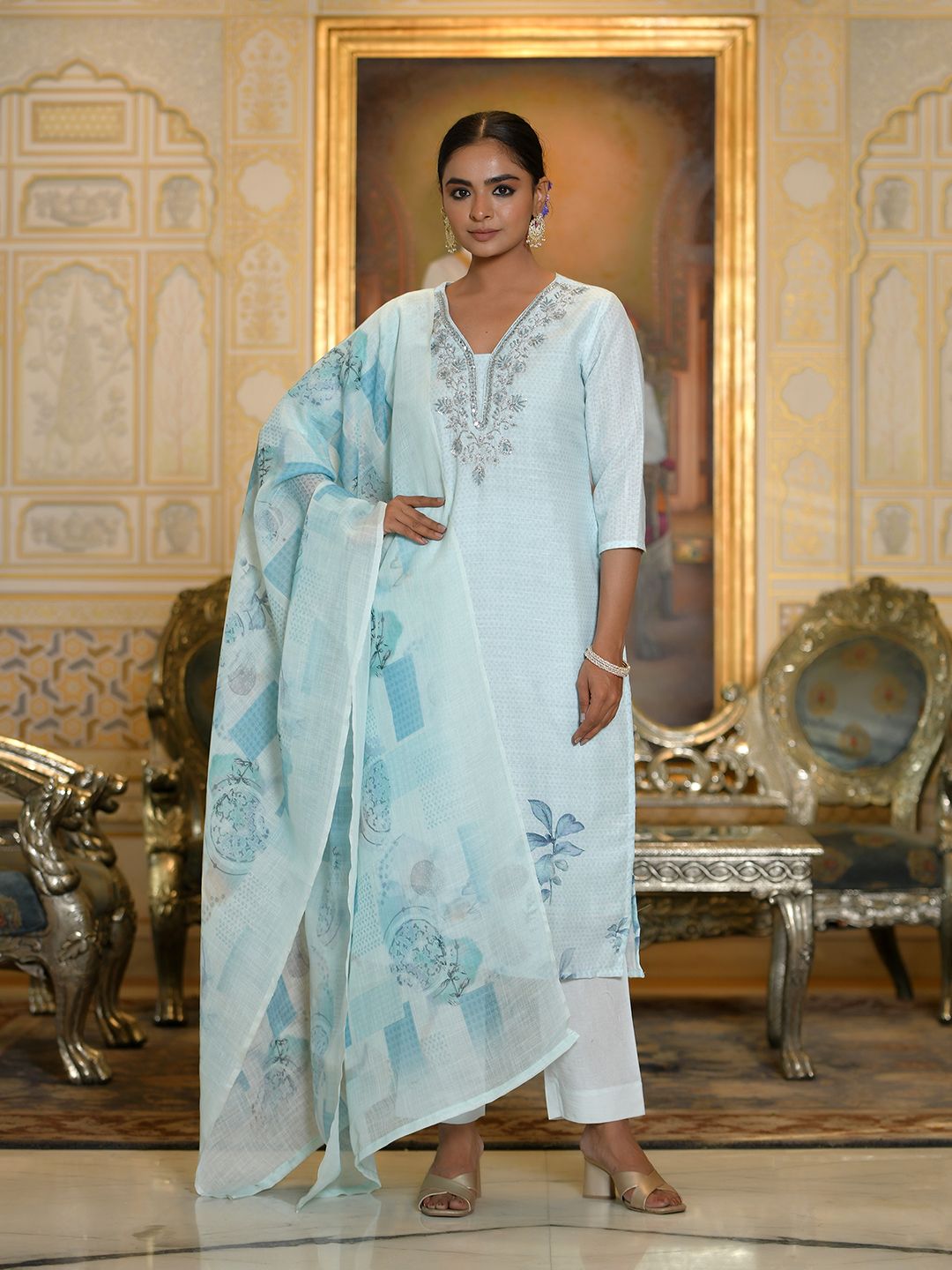 Women Linen suit set with Printed Dupatta