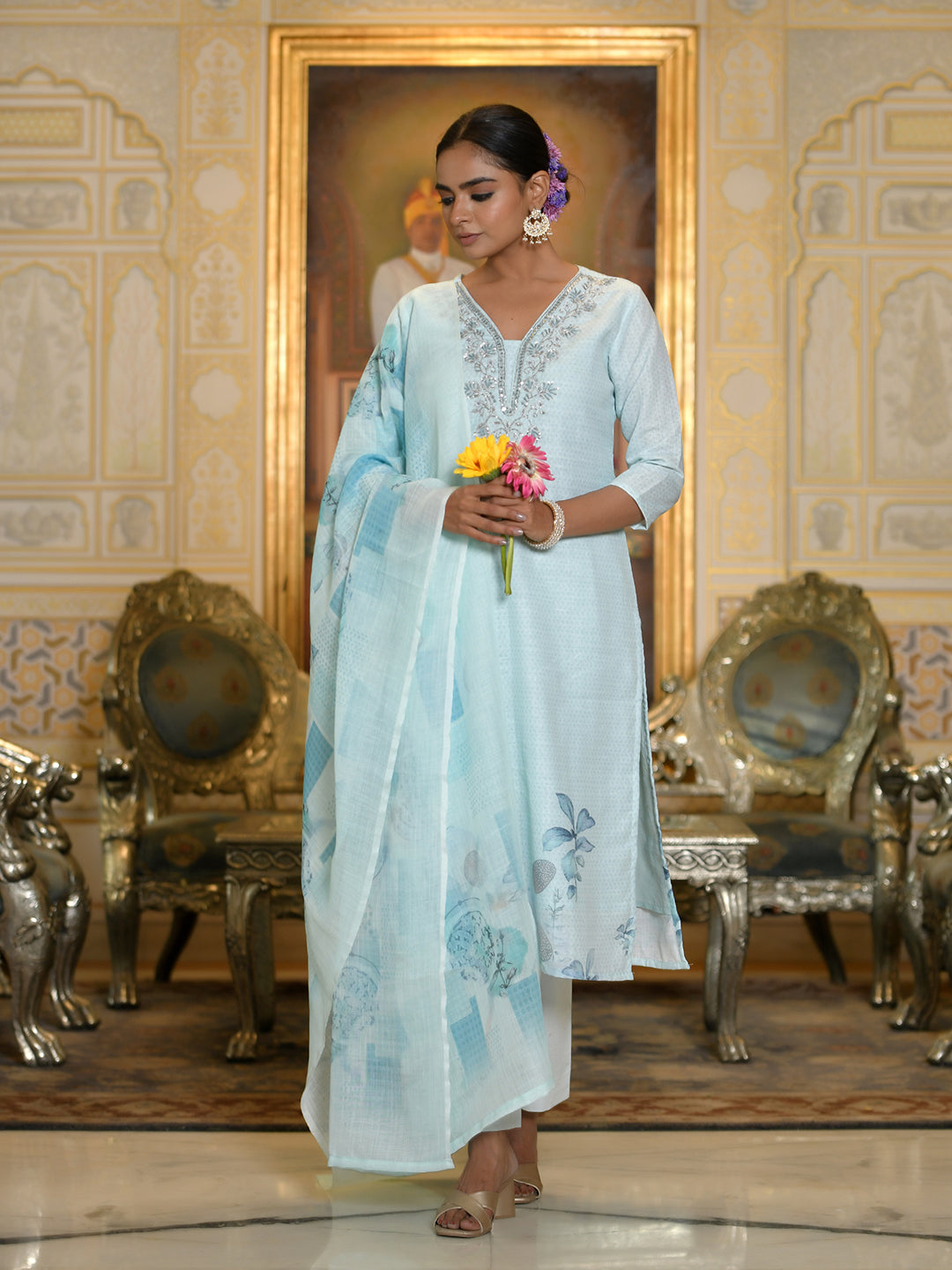 Women Linen suit set with Printed Dupatta