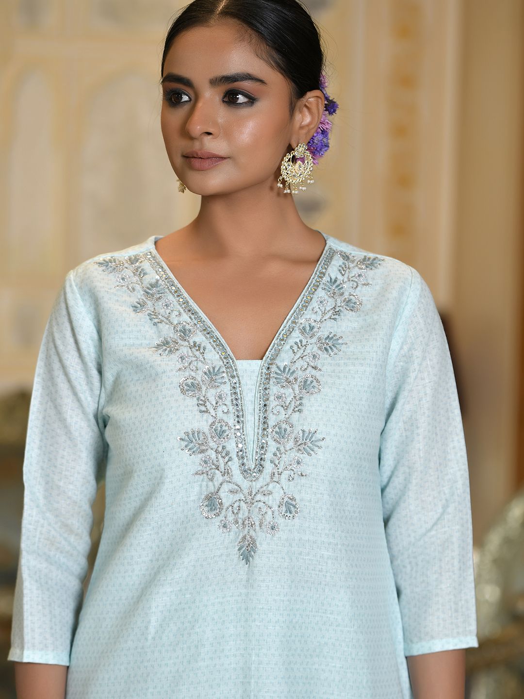 Women Linen suit set with Printed Dupatta