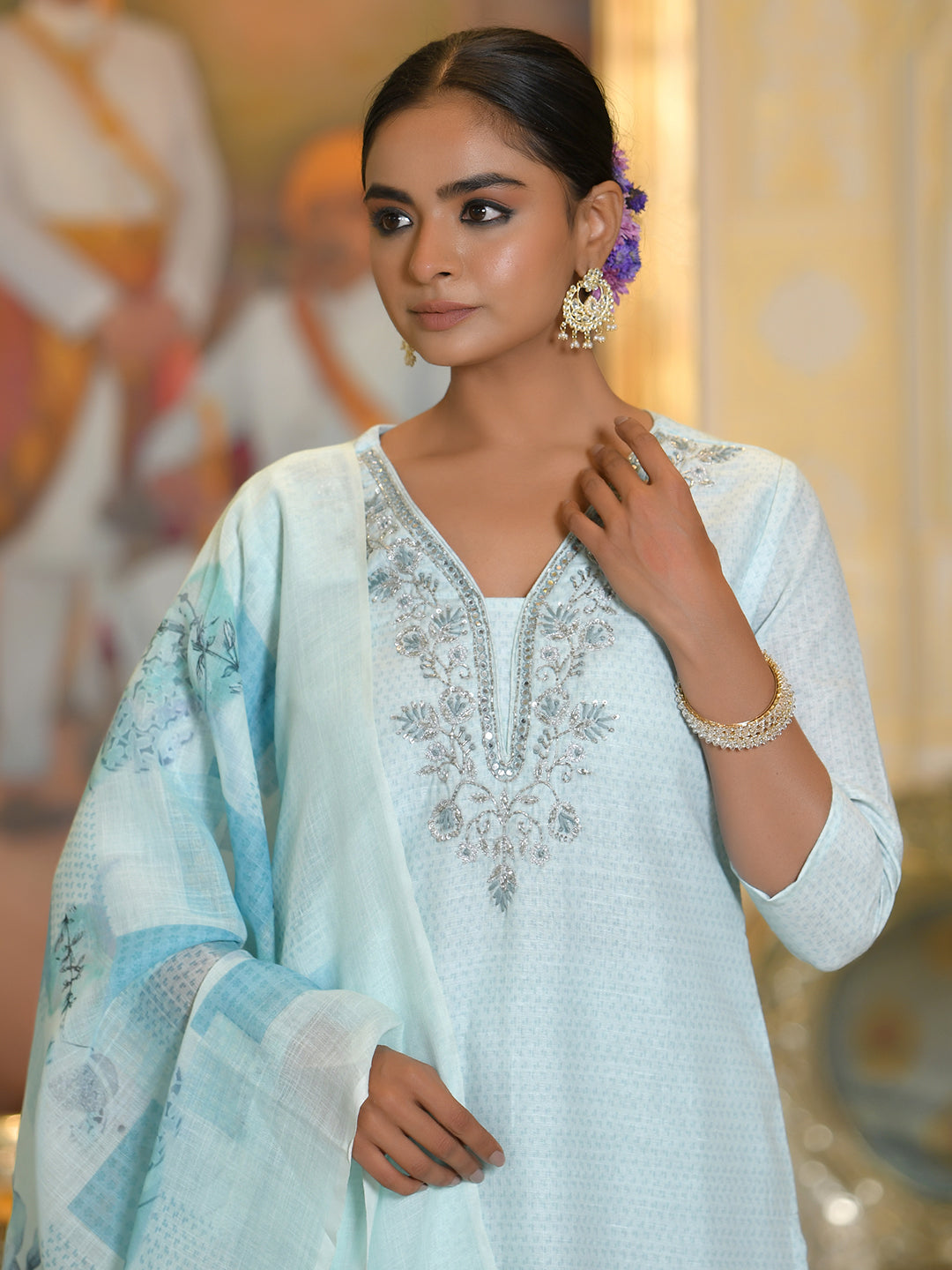 Women Linen suit set with Printed Dupatta