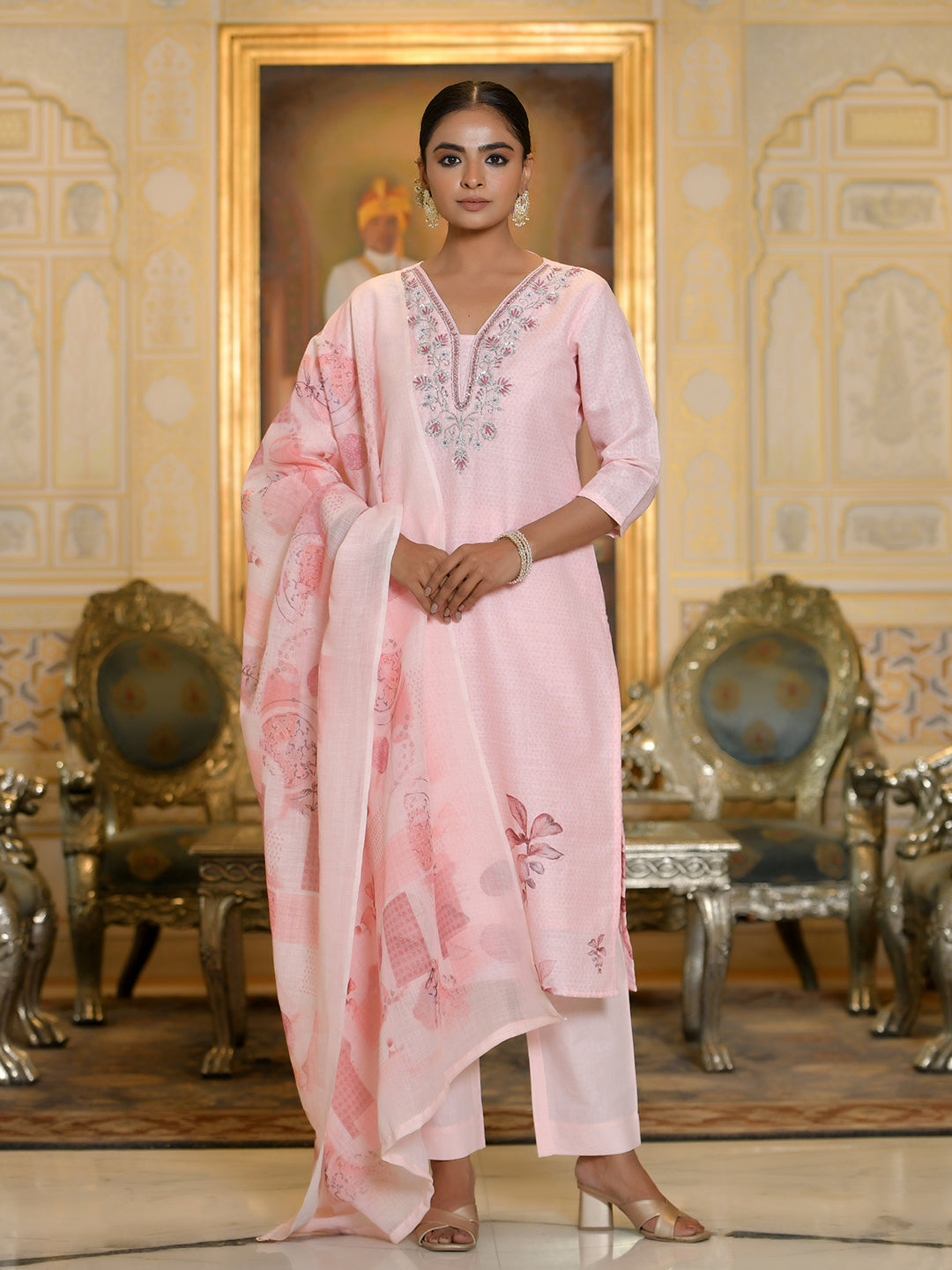 Women Linen suit set with Printed Dupatta