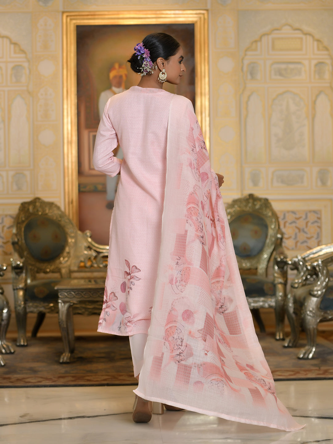 Women Linen suit set with Printed Dupatta