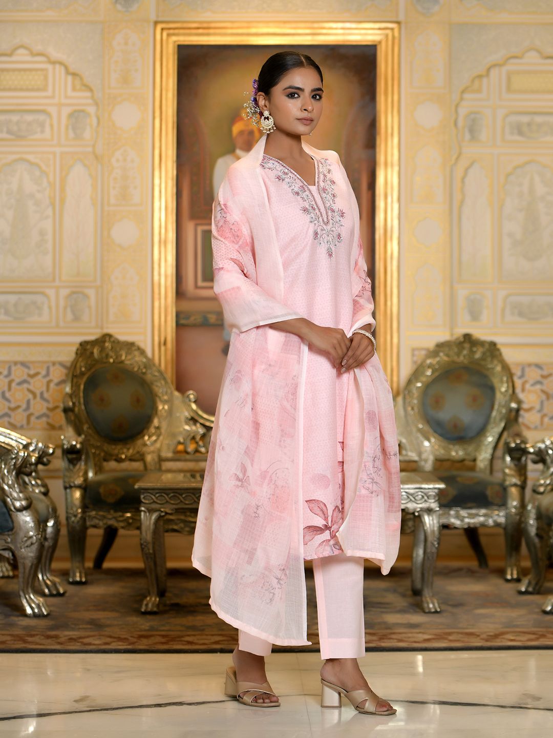Women Linen suit set with Printed Dupatta