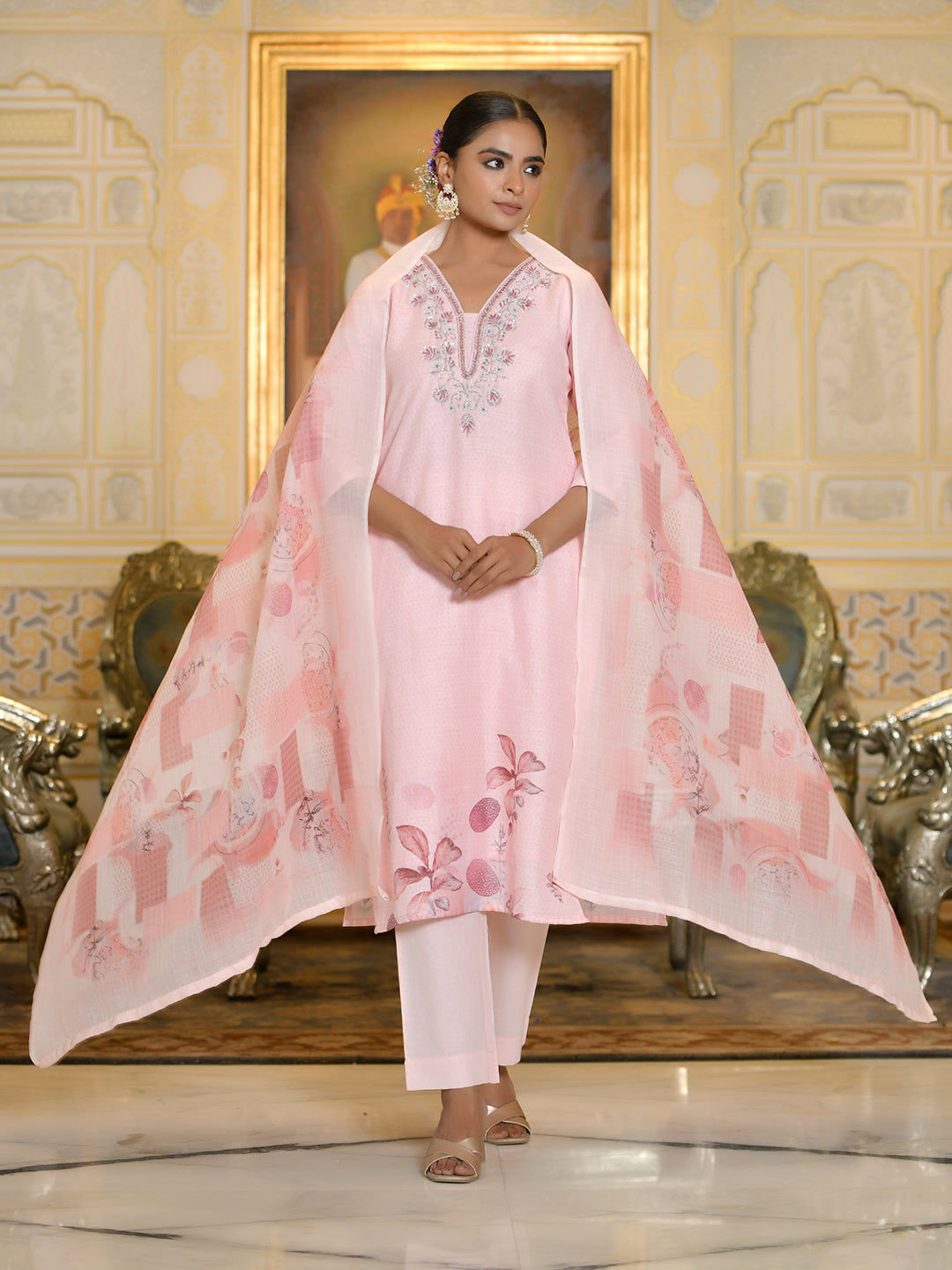 Women Linen suit set with Printed Dupatta