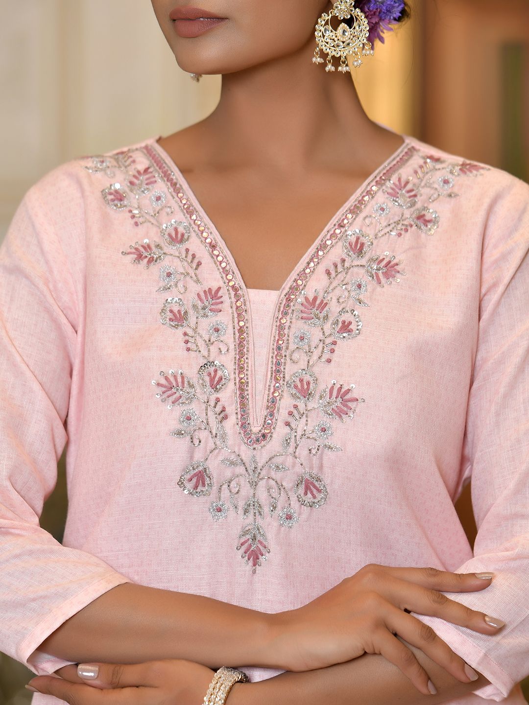 Women Linen suit set with Printed Dupatta