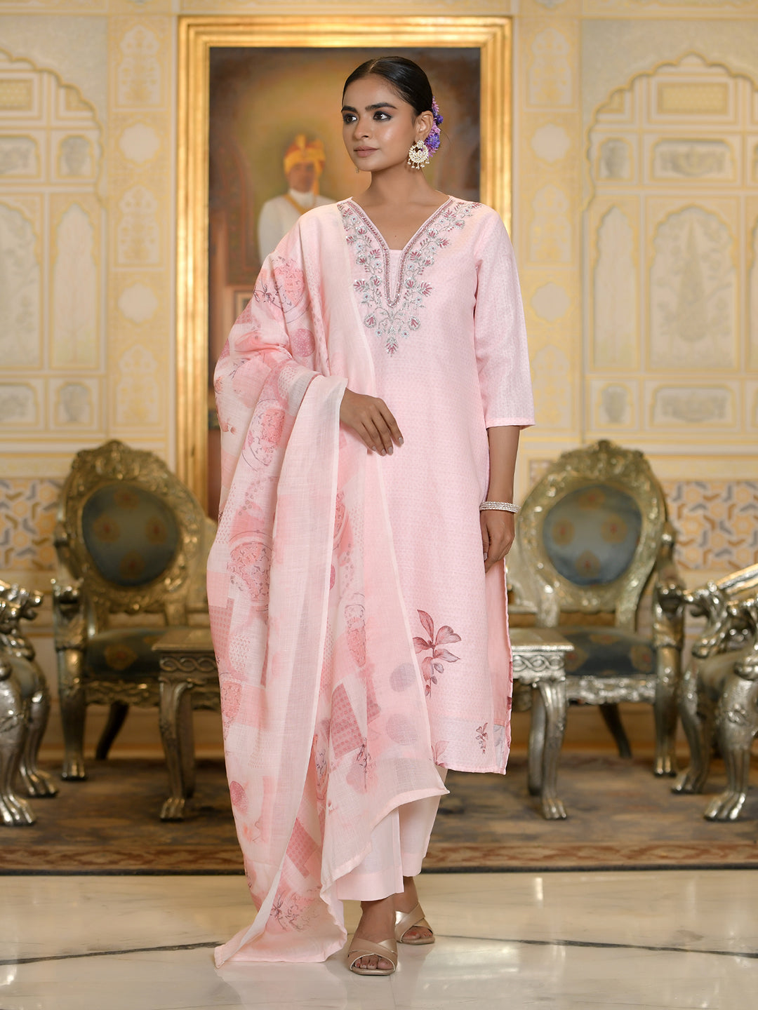 Women Linen suit set with Printed Dupatta