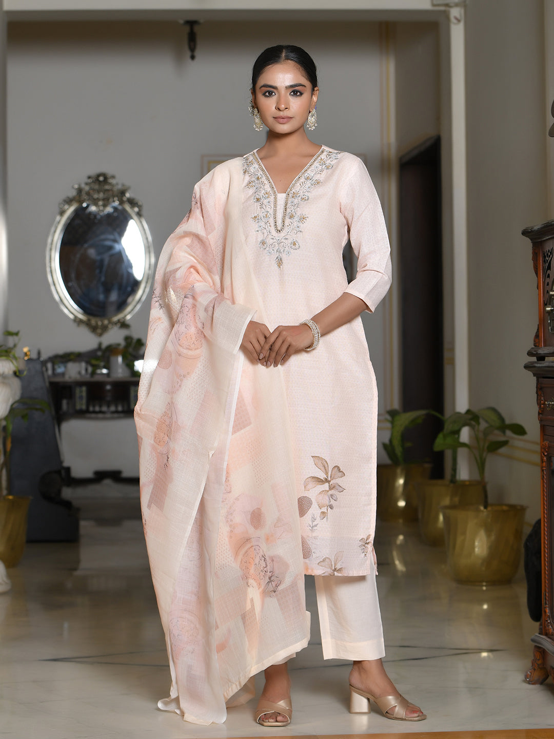 Women Linen suit set with Printed Dupatta