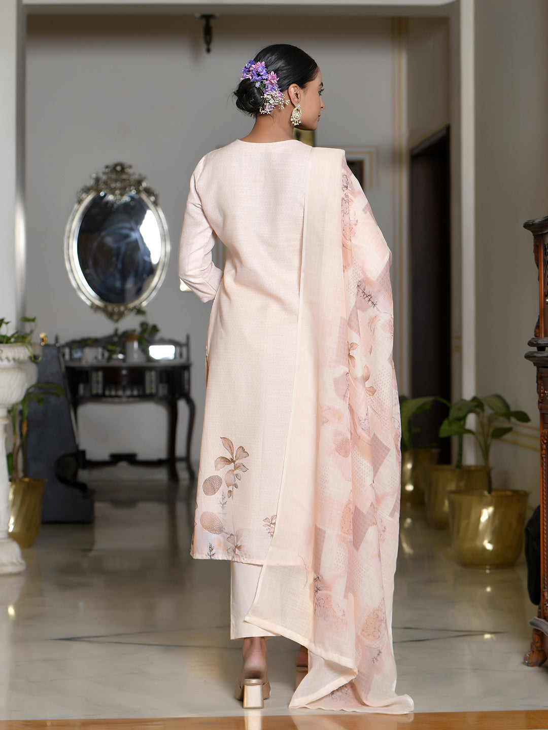 Women Linen suit set with Printed Dupatta