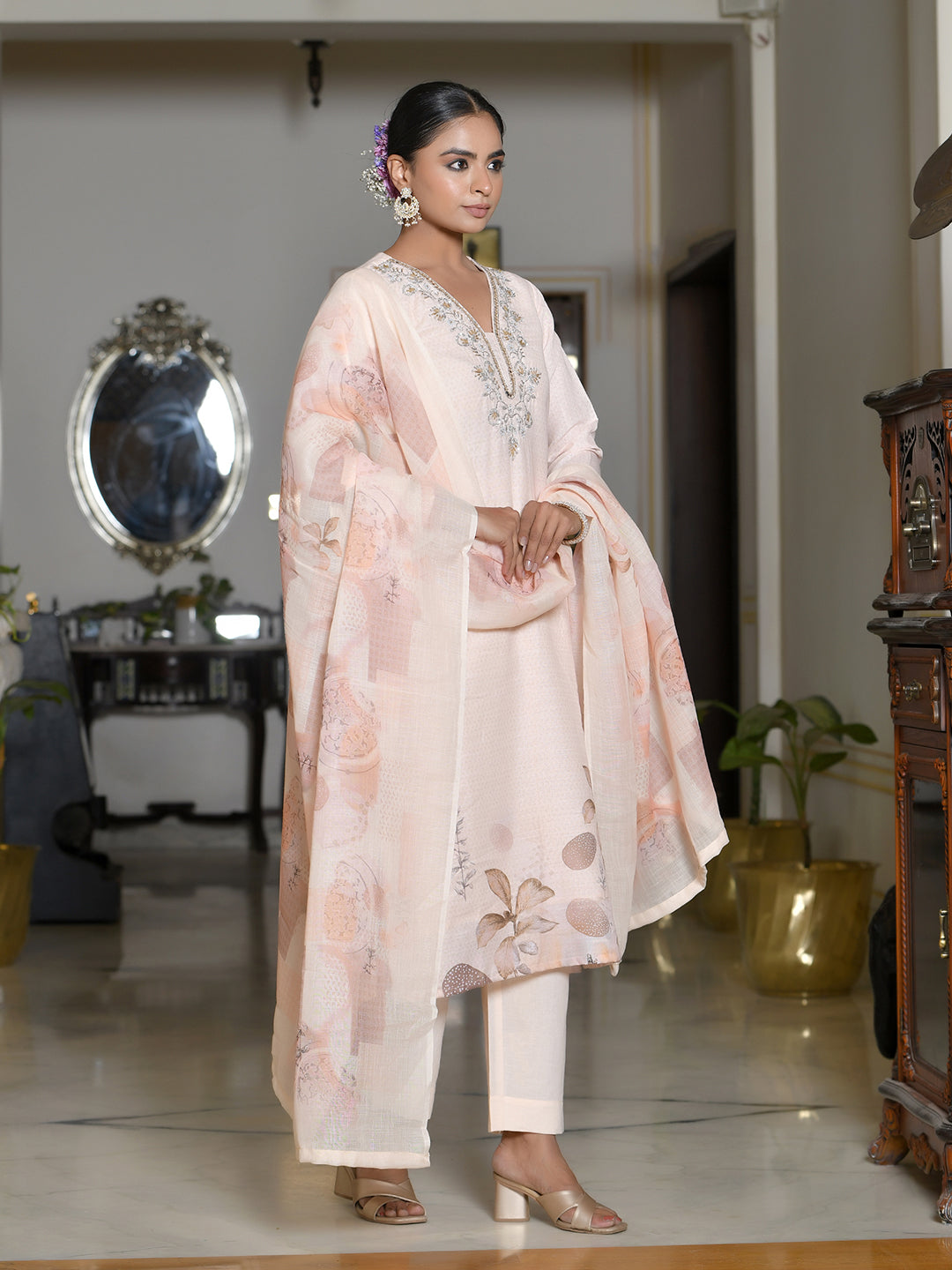 Women Linen suit set with Printed Dupatta