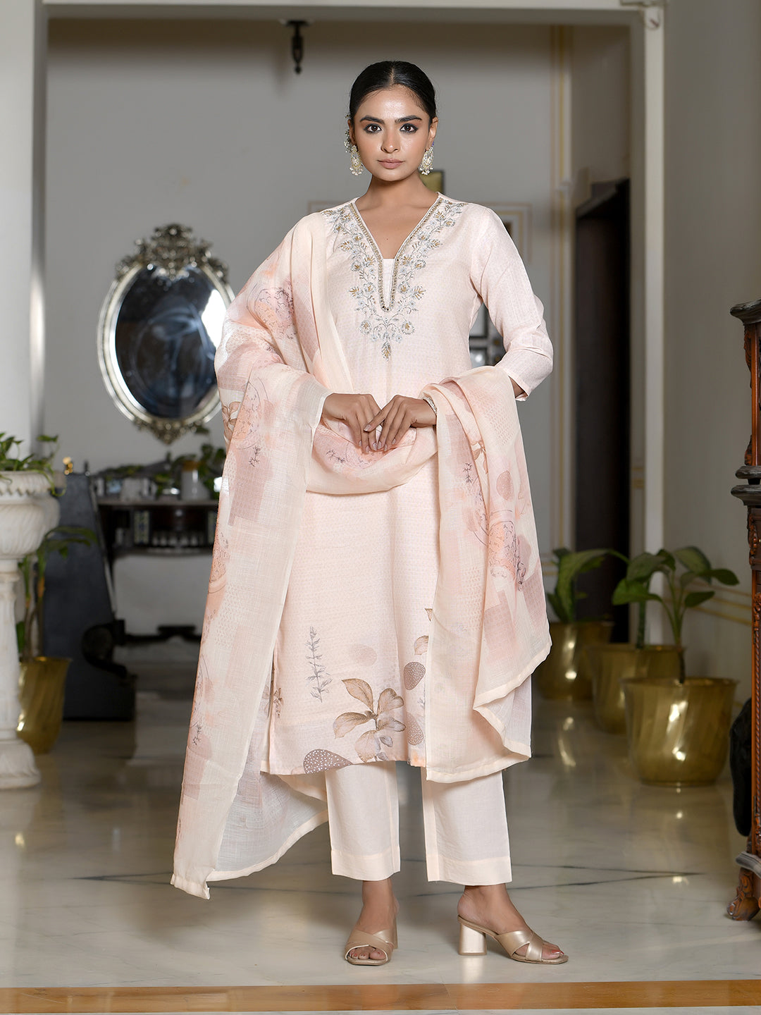 Women Linen suit set with Printed Dupatta