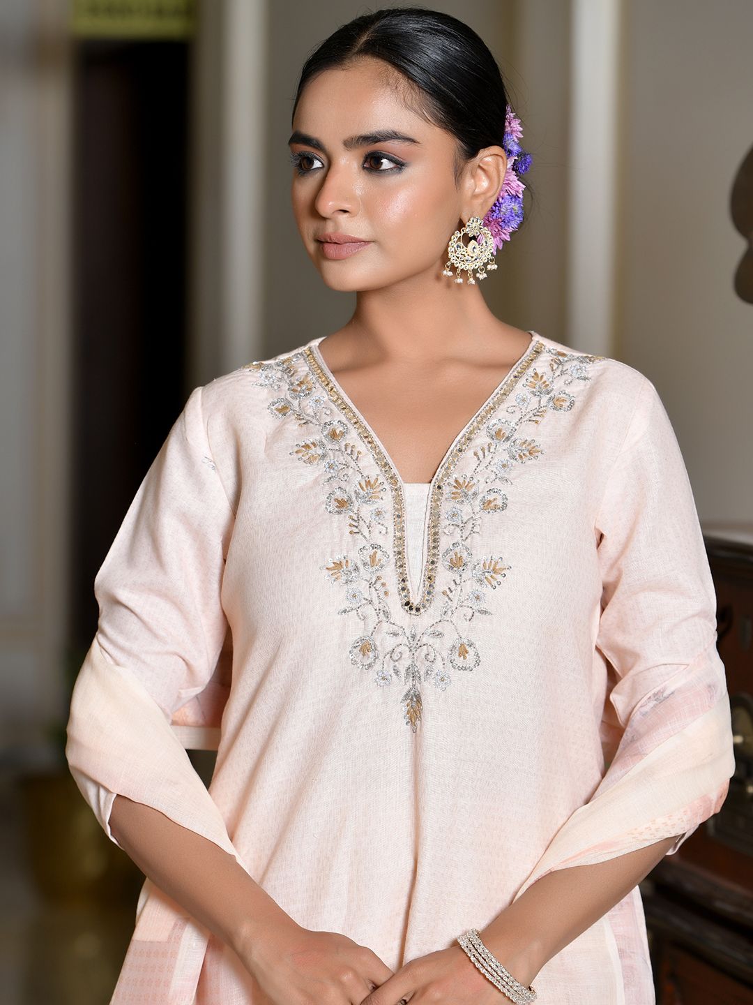 Women Linen suit set with Printed Dupatta