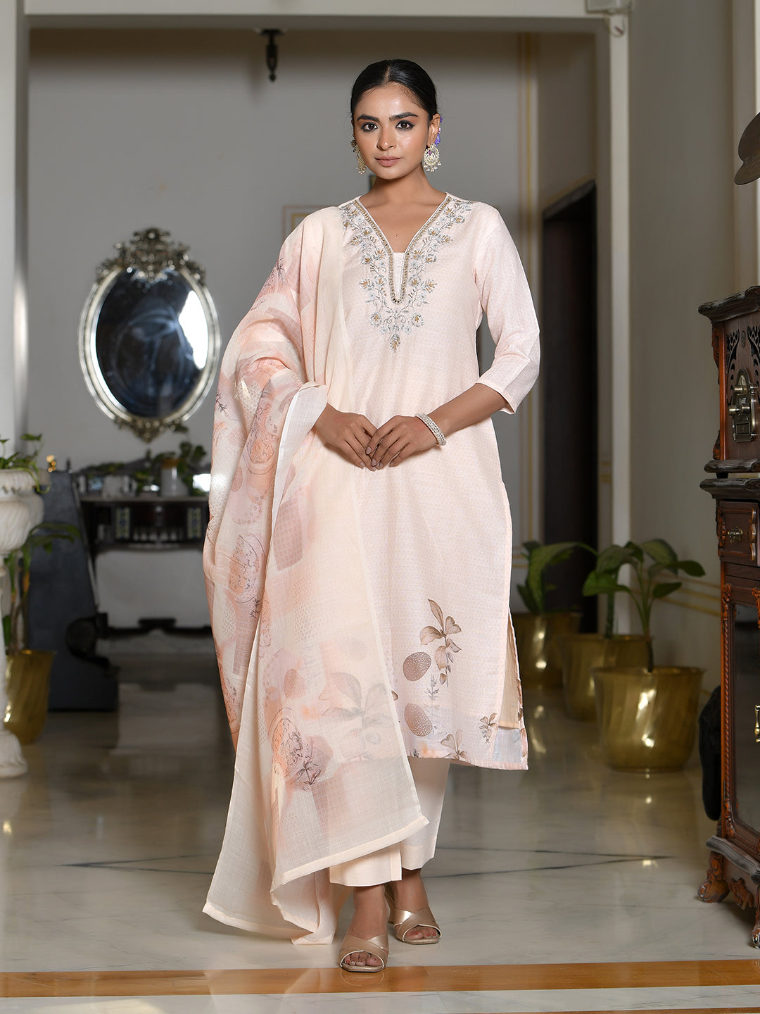 Women Linen suit set with Printed Dupatta