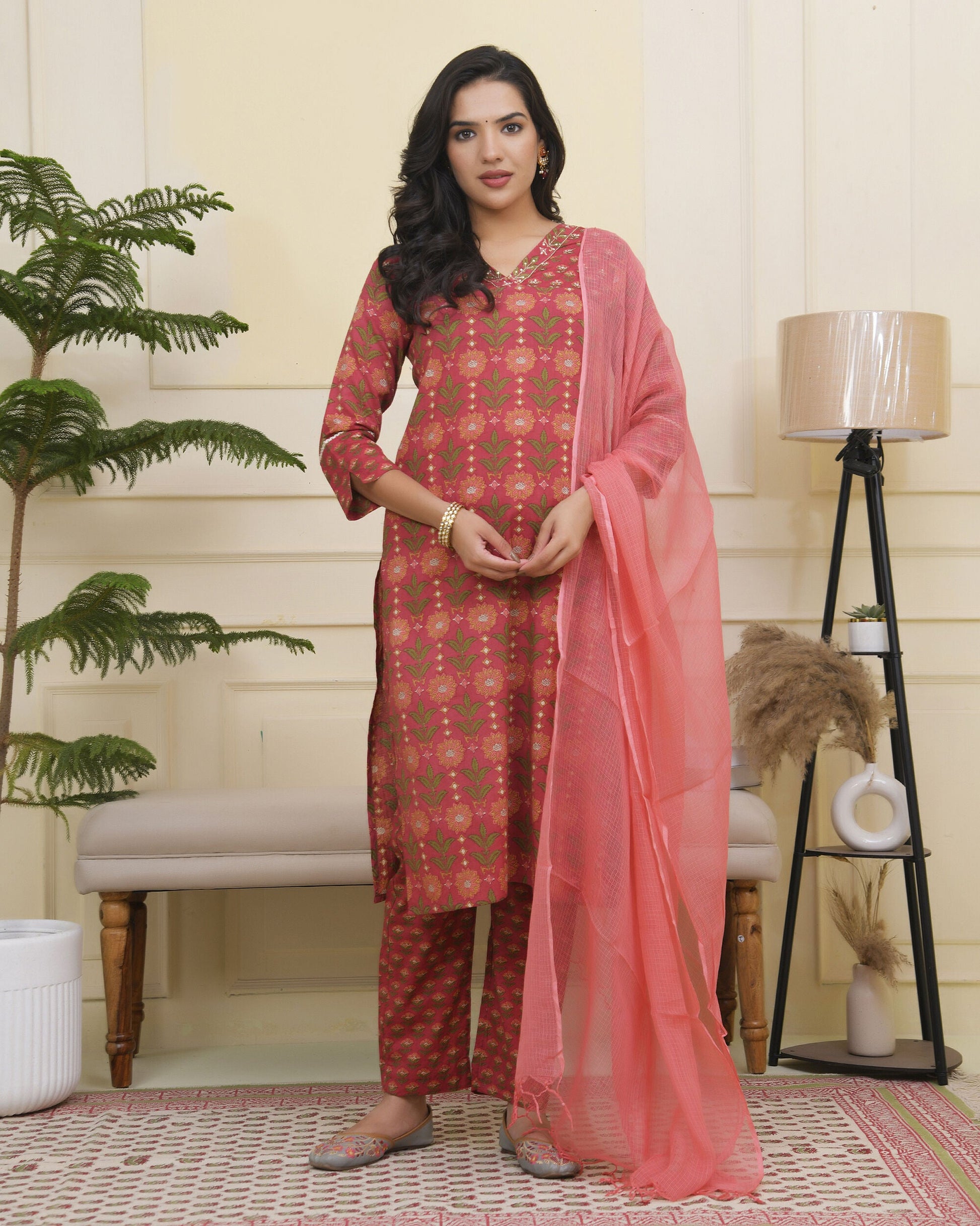 Women Maroon Cotton kurta with cotton pant & dupatta
